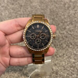 Fossil Gold-Tone Watch with Black Sparkle Dial and Crystal Bezel